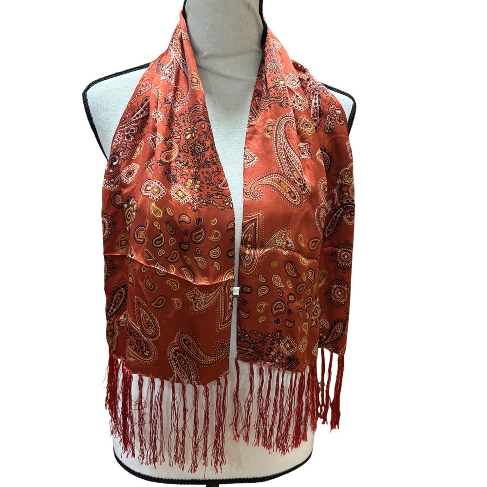 100% Silk‎ Scarf Rust Paisley Fringe Burnout Lightweight Accessory